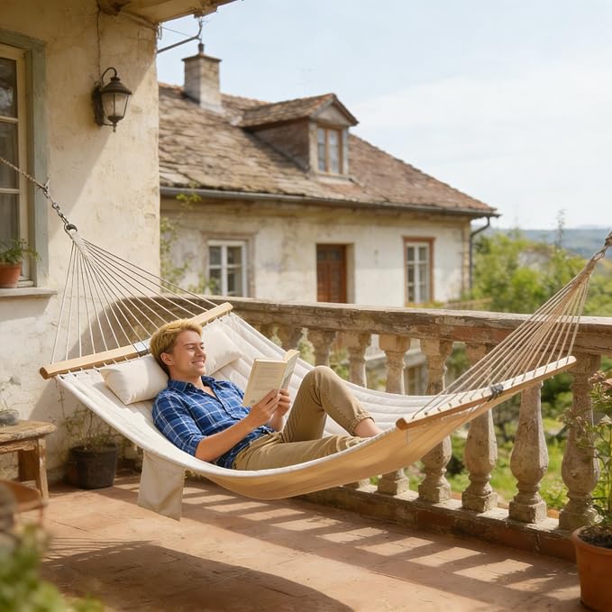 Outdoor Double Hammock with Hardwood Spreader Bars, 440 lb Capacity Patio Hammock, for Patio, Backyard, Porch, Camping & Garden, 128” x 55” (Cream White)