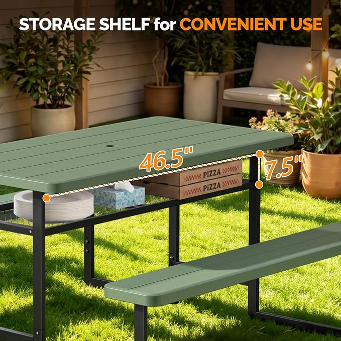 VINGLI Outdoor Picnic Table with Storage Shelf & Umbrella Hole, 4.5FT All Weather Metal Frame HDPE Tabletop Plastic Picnic Table for Dining Party Garden(Green)