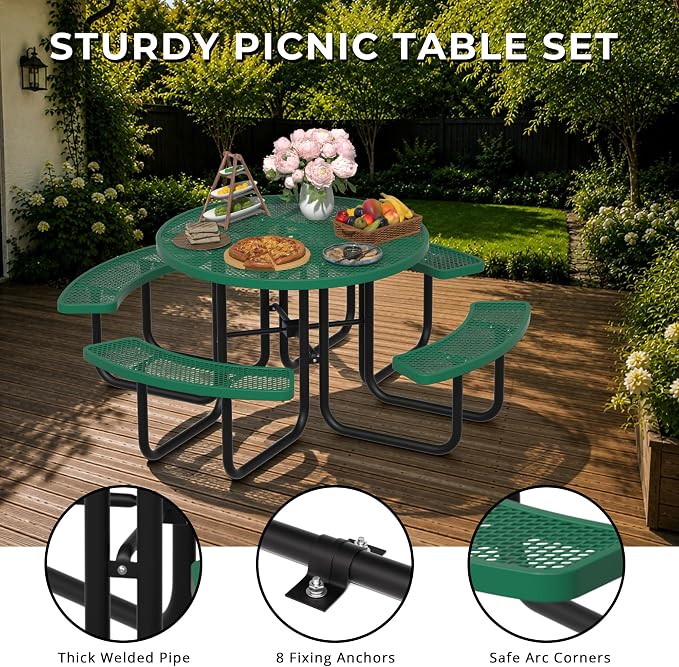 All-Weather Round Outdoor Picnic Table, Commercial Picnic Table Bench Set with Umbrella Hole, Thermoplastic Coated Metal Dining Tables for School, Stores, Park, Patio, Yard, Green