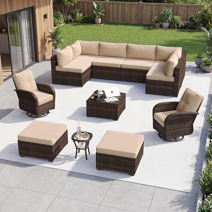Aoxun 12 Piece Outdoor Patio Furniture Set with Coffee Table, Wicker Rattan Outdoor Furniture with High Back Swivel Rocker Chairs, Outdoor Conversation Set with Thick Cushion & Ottoman, Beige