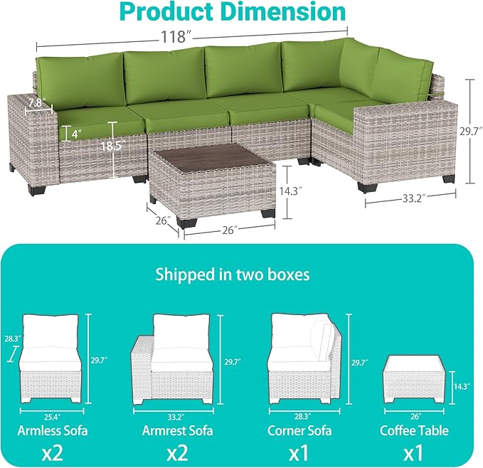 6-Piece Outdoor Patio Furniture Set Wicker Sectional Sofa Set, Patio Conversation Set with Thickened Cushions & Chunky Arms Coffee Table for Garden, Backyard, Poolside, Avocado Green