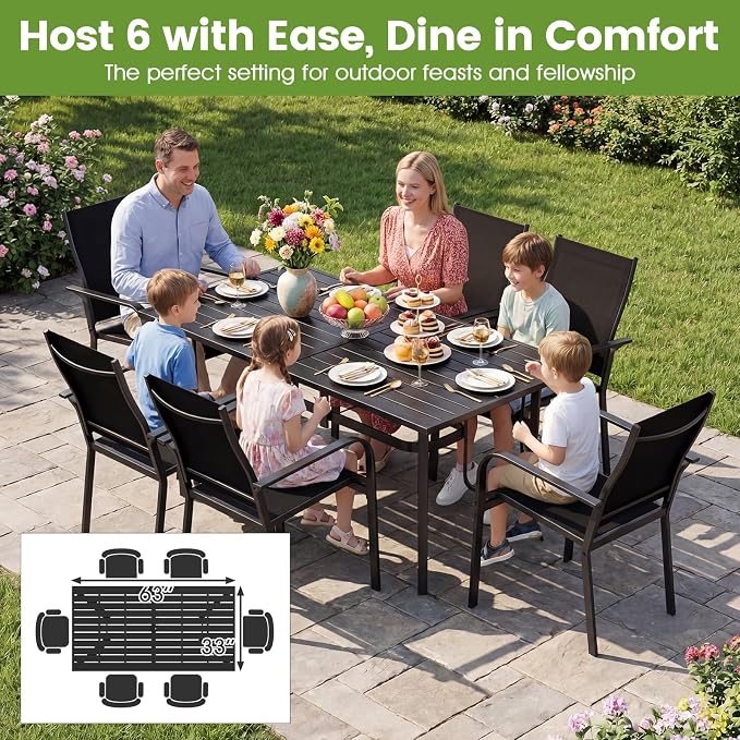 Tangkula 7 Pieces Patio Dining Set for 6, 63” x 33” Outdoor Rectangle Metal Table with Umbrella Hole & 6 Stackable Breathable Mesh Armchairs, Outside Furniture Set for Backyard, Garden & Porch (Brown)