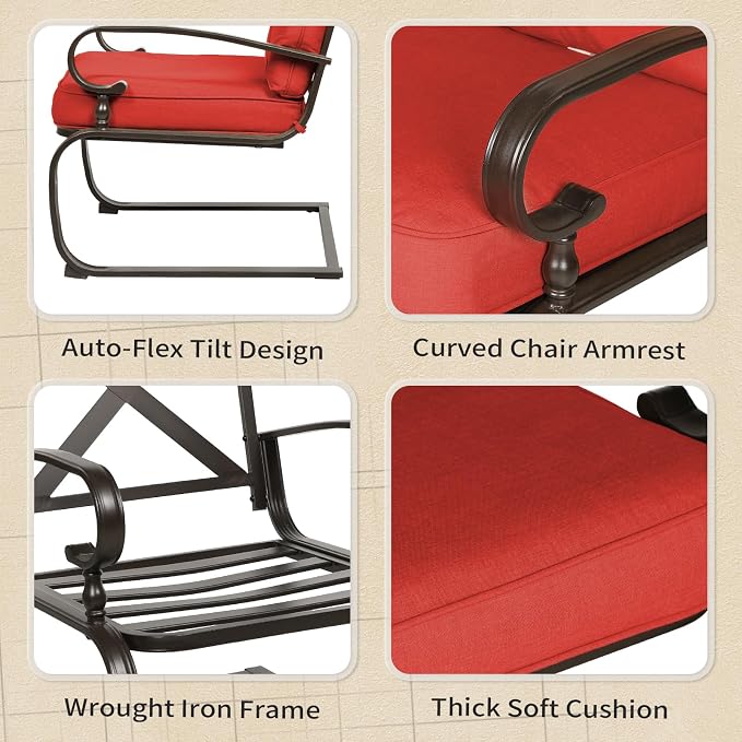 Oakcloud 5Pcs Metal Outdoor Furniture Patio Conversation Set (Loveseat, Coffee Table and Bistro Table, 2 Spring Chair) -Wrought Iron Patio Chair Set with Cushions (Red)