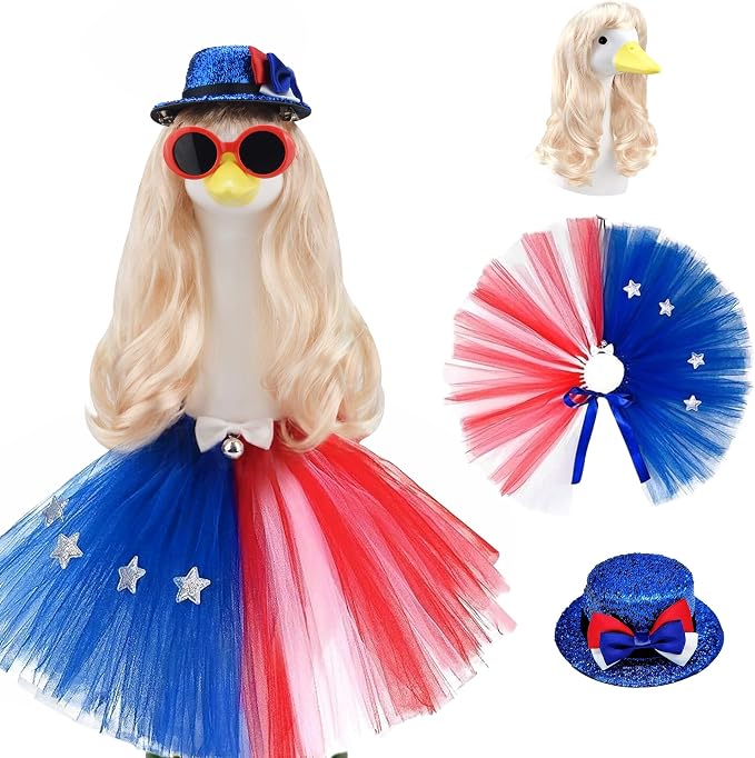 Porch Goose 4th of July Outfits 4 Pieces 4th of July Porch Goose Outfits with 1 Blonde Long Wigs Outdoor Decor for Lawn Goose Statues