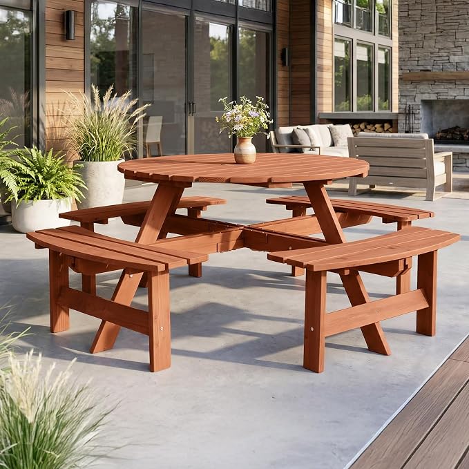 VINGLI 8-Person Wood Picnic Table Outdoor Round Picnic Table with Umbrella Hole and 4 Built-in Benches, Outdoor Dining Tables and Chairs 500 LBS Bench Capacity (Brown, Round)