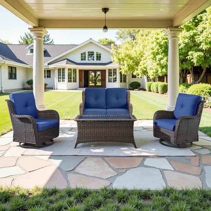 Belord Patio Furniture Set with Fire Pit Table,8 Piece Wicker Outdoor Furniture Set, Swivel Rocker Chairs with Ottomans and Loveseat, All Weather Patio Conversation Set, Pool,Yard, Brown Wicker/Blue