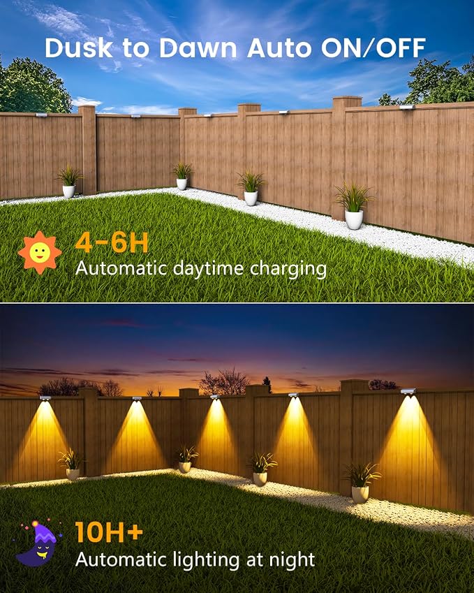 JOFIOS Solar Fence Lights Outdoor Waterproof, 80 Lumens Solar Lights for Fence with Warm White & RGB 8 Colors,Outdoor Solar Light for Deck, Patio, Backyard, Fence, Railing (8-Pack-White)