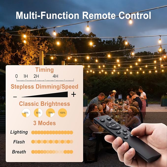Outdoor String Lights 100FT 64+4 Bulbs(1.5 FT Apart) Remote Patio Lighting | Waterproof IP65 Linkable Outside Lights with Remote Timer&3 Modes for Commercial Backyard Bistro Garden Market Porch Balcony