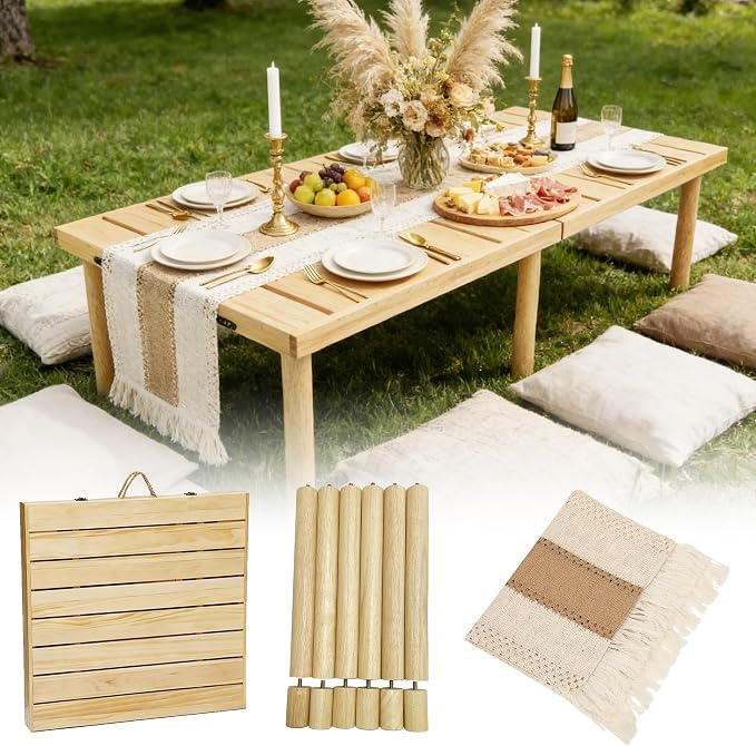 60" X 30" Boho Low Picnic Table, Portable Wooden Picnic Table with 3 Adjustable Heights, Natural Pine Wood Floor Table for Camping, Weddings, Beach & Family Gatherings, Seating for 6-8 People