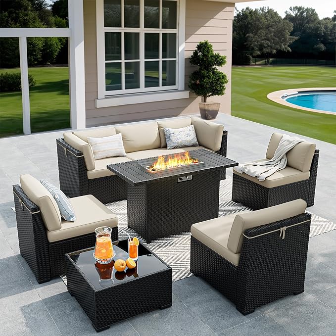 8 Pieces Outdoor Patio Furniture Set with 44" Fire Pit Table Black Rattan Sectional Conversation Sets w/Gas Fire Pit, Coffee Table, Khaki