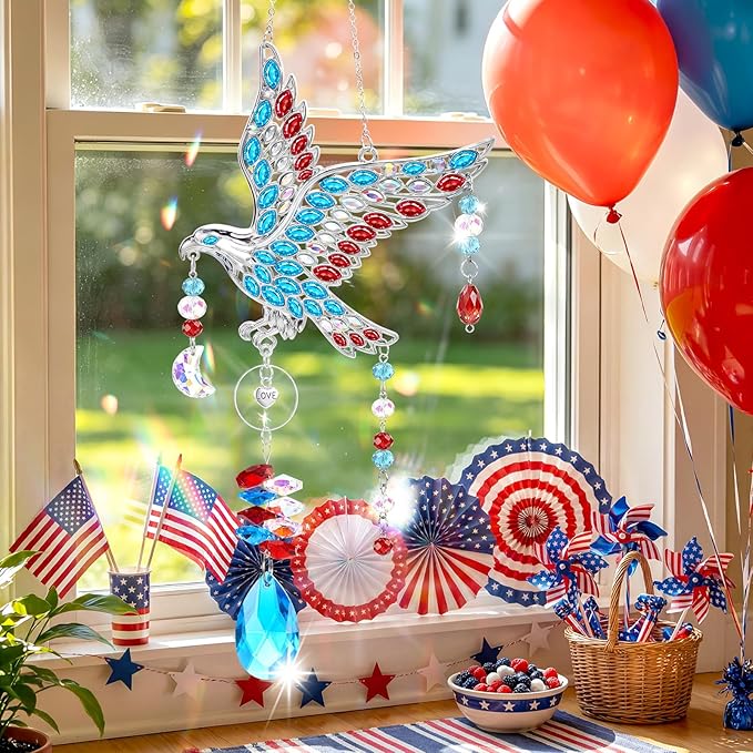 250th Anniversary USA Eagle Crystal Suncatcher, 4th of July Decorations for Home Garden Window Hanging, Red White and Blue American Flag Gifts for Women, Independence Day Patriotic Decor