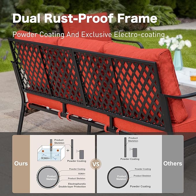 SUNSHINE VALLEY 4 PCS Metal Outdoor Patio Furniture Set, Patio Conversation Sets 3-Seater Sofa, 2 Rocking Chairs with 5.75" Extra Thick Cushion & Coffee Table, Black Frame Backyard Furniture, Rust Red