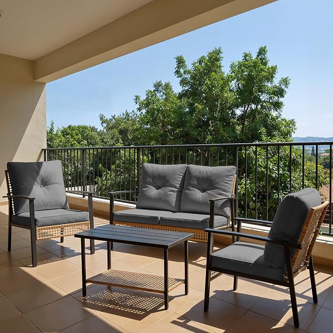 Deersky 4 Piece Outerdoor Patio Furniture Set, All-Weather Modern PE Wicker Rattan Conversation Set with 4" Cushions for Comfortable, Easy to Assemble, Dark Grey