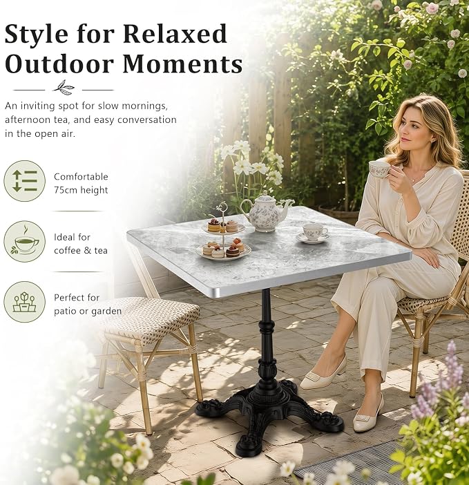 31.5" Outdoor Dining Table, Square Bistro Table w/Sintered Stone Tabletop | and Cast Iron Base, Weather Resistant Anti-Rust Small Bistro Table for 2-4 for Outdoor Garden Café Use (Silver Gray)