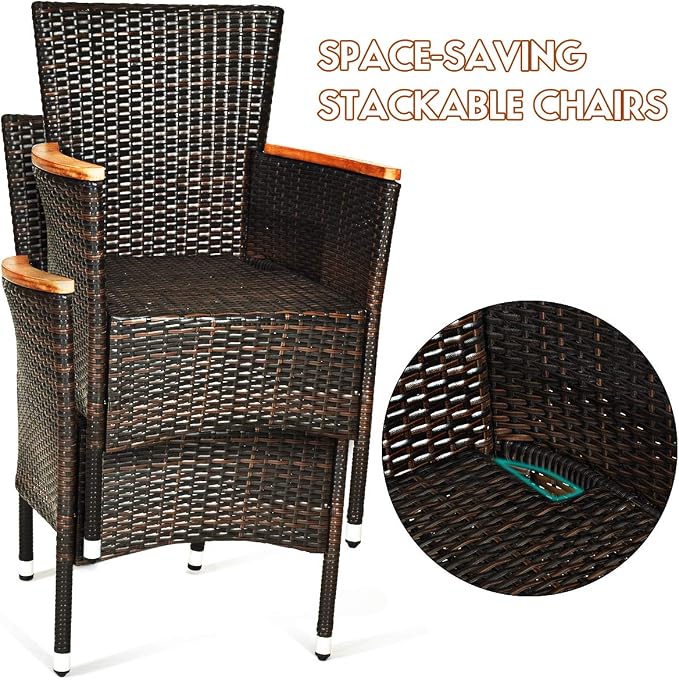 Tangkula 9 Piece Outdoor Dining Set, Garden Patio Wicker Set w/Cushions, Furniture with Acacia Wood Table and Stackable Armrest Chairs