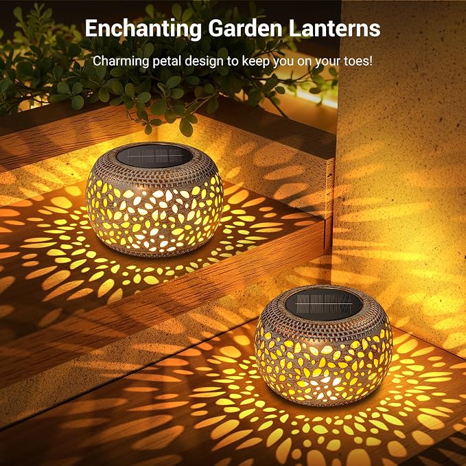 Solar Lanterns Outdoor Waterproof, 4 Pack Flower Petal Solar Garden Lights with 2 Lighting Colors, Vintage Metal Outdoor Patio Garden Decor - Unique Gifts for Women Mom Sisters Birthday