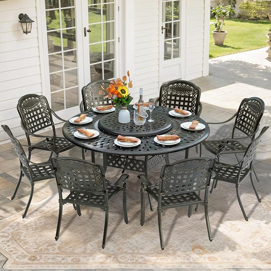 9-Piece Patio Furniture Dining Set, All Weather Cast Aluminum Outdoor Conversation Set- 61" Round Patio Dining Table with Detachable Lazy Susan & 8 Chairs, 2" Umbrella Hole, Dark Bronze