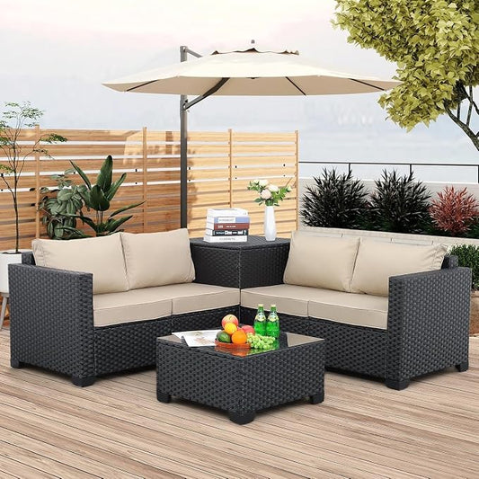 4-Piece Outdoor Patio Furniture Set with Black PE Wicker Rattan Sectional Loveseat Couch, Conversation Sofa with Storage Box, Glass Top Coffee Table, Non-Slip Cushions for Backyard and Garden