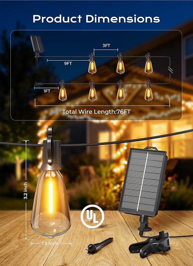 Brightown 76FT Solar String Lights Outdoor Waterproof, 26Hrs Runtime | 23+1 LED Bulbs, USB & Solar Powered, Remote Control & Dimmable Timer, Ideal for Backyard, Garden, Camping & Party Decor