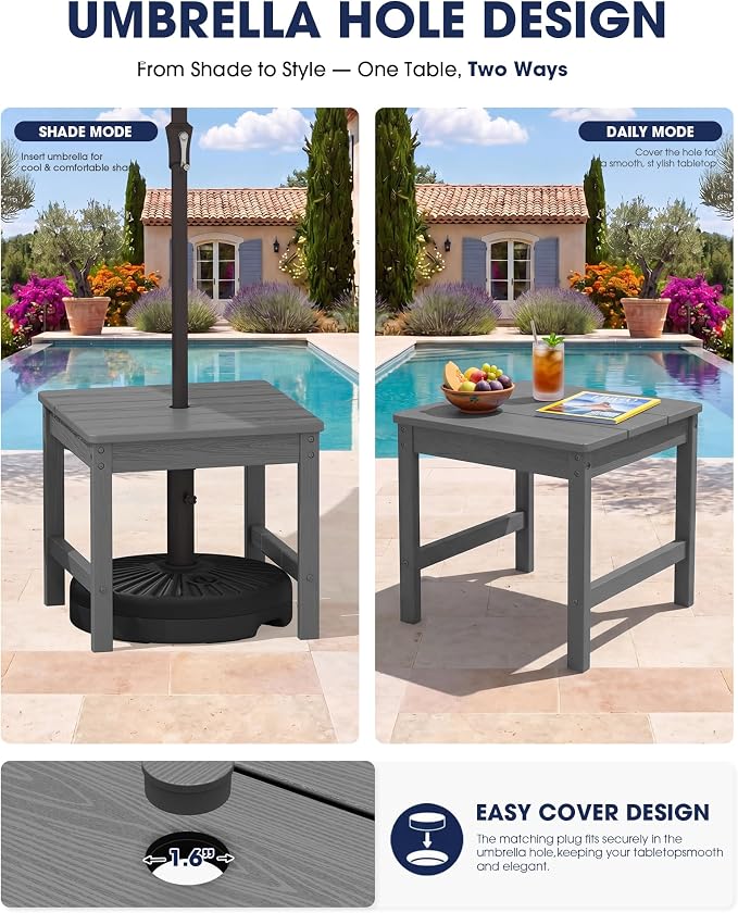 KINGYES Double Side Table with 1.6'' Umbrella Hole, HDPE Adirondack End Table- Gray