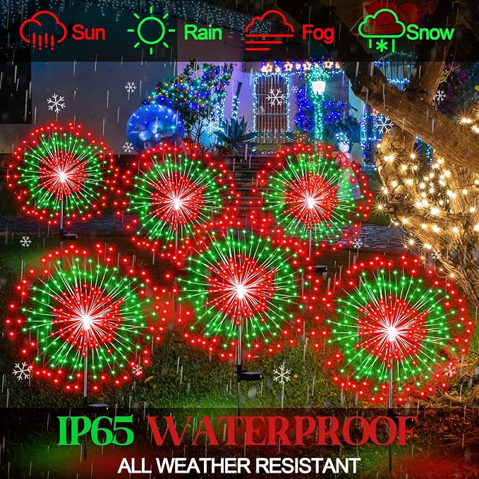 Tujoe 6 Pcs Christmas Solar Firework Stake Lights 180 LED 8 Modes Solar Waterproof LED Sparkler Lights Outdoor Decoration for Garden Patio Yard Pathway Walkway Lawn Xmas Decor (Red-Green)