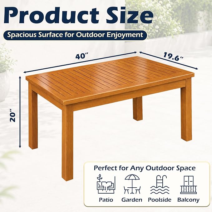 Outdoor Teak Coffee Table, 40" Wooden Patio Coffee Table with Protective Cover, Solid Teak Outdoor Coffee Table for Patio, Garden, Poolside, Balcony and Backyard