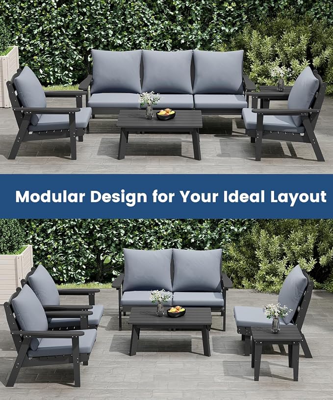 FOOWIN 4-Piece Patio Furniture Set, HDPE All-Weather Outdoor Conversation Set with Thick Cushions, Sectional Patio Sofa Furniture for Deck, Porch, Lawn, Garden, Grey Frame & Grey Cushion