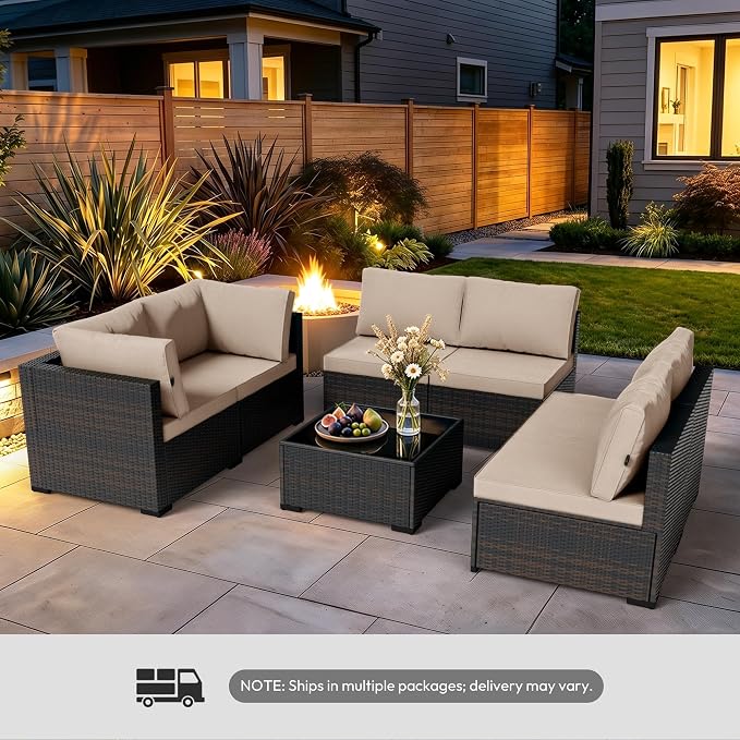 WWR Patio Furniture Set 7 Piece - All-Weather - Wicker Rattan Patio Outdoor Conversation Set, Modular Sectional Sofa for Backyard, Garden, Poolside, Balcony, Porch, Patio, Brown/Khaki