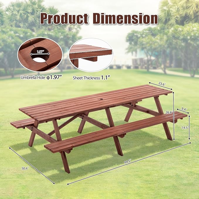 Hohuqeri Wood Picnic Table, 94.5" Tabletop with Umbrella Hole, 12 Person Outdoor Wooden Picnic Table Bench Set for Patio, BBQ, Dining, Brown