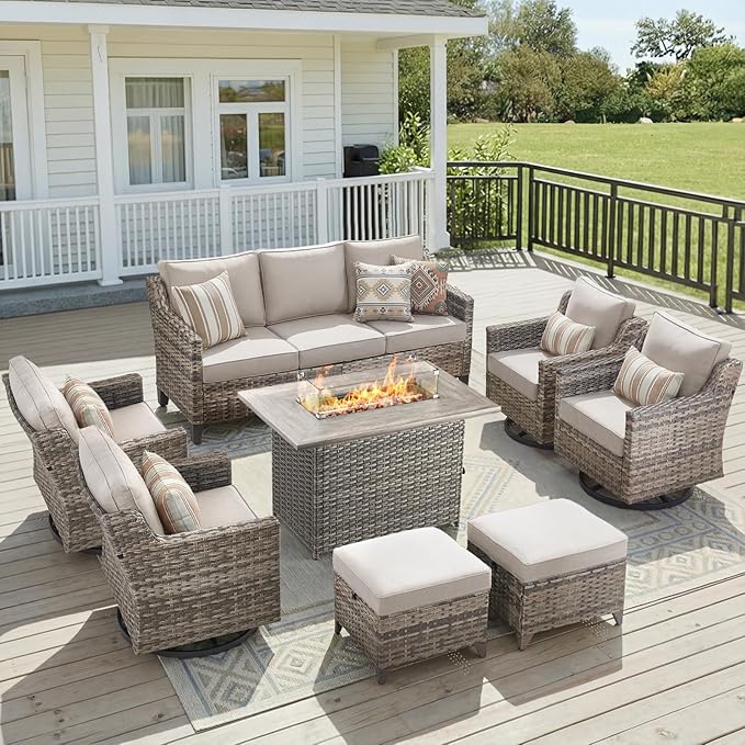 Patio Furniture Set with 42.5" Fire Pit Table-8 Pieces All Weather Wicker Outdoor Furniture with High Back Swivel Patio Chairs Set of 4 Outdoor Patio Conversation for Deck Garden Beige/Gray