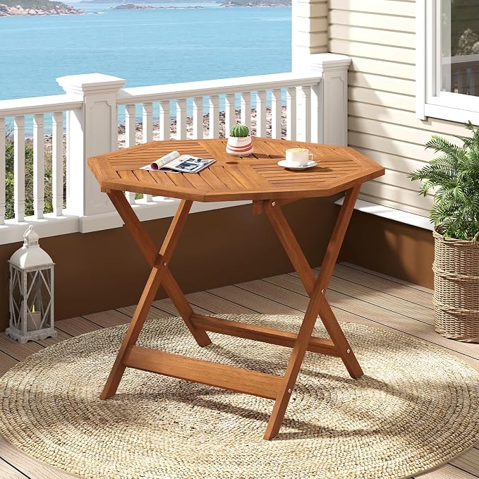 Tangkula 35.5" Octagonal Patio Dining Table, Hardwood Outdoor Bistro Table with Slatted Tabletop, 1.97" Umbrella Hole & Teak Oil Finish, Outside Table for Porch Balcony Deck Poolside Yard