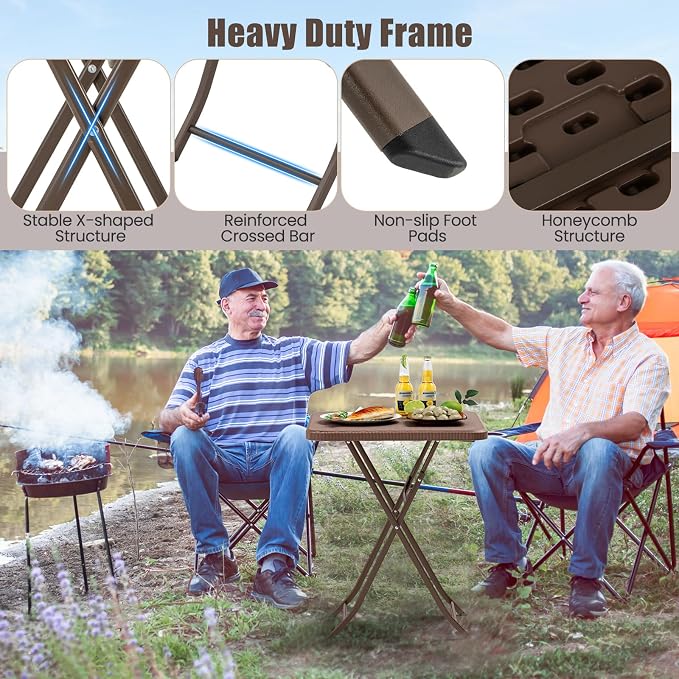 Tangkula 23.5" Square Folding Table, Indoor Outdoor Foldable Plastic Table with Rattan Textured HDPE Tabletop, Sturdy Metal Fame, Carrying Handle, 4 Person Picnic Table for Camping BBQ Party