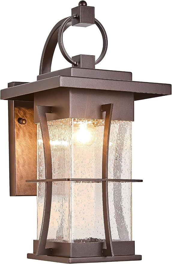 18" H Extra Large Porch Sconce Oil Rubbed Bronze Large Exterior Wall Lantern Deep Brown Outside House Lamps Waterproof Mission Outdoor Lighting with Seeded Glass for Villa Garage Coach Light