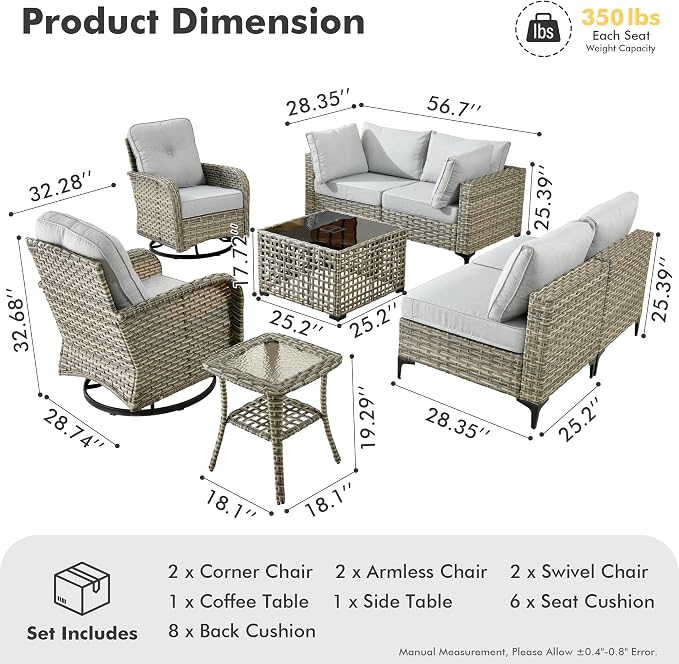 8 Pieces Wicker Patio Furniture Set,Outdoor Sectional Sofa with Swivel Chairs Coffee Table,Outside Deep Seat Rattan Couch Conversation Set,Light Grey