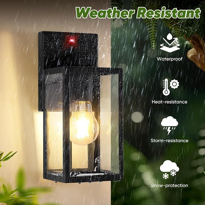 2-Pack 10.6” Upgraded Motion Sensor Outdoor Wall Lights, Black | Auto ON/OFF, 3 Lighting Modes, Waterproof, Rust-Resistant, Durable Metal & Clear Glass, Standard E26 Sockets, Easy to Install