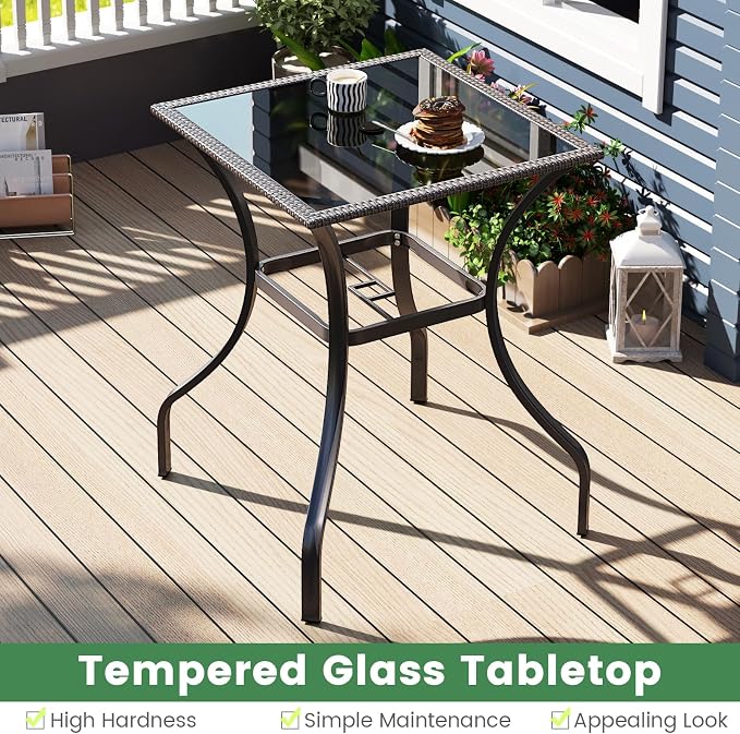 HAPPYGRILL Patio Bar Table, 28.5 x 28.5 inch Outdoor Bar Height Dining Table with Rattan Edge & Heavy-Duty Metal Legs, 2 inch Umbrella Hole, Square Bistro Bar Table for Poolside, Backyard, Balcony