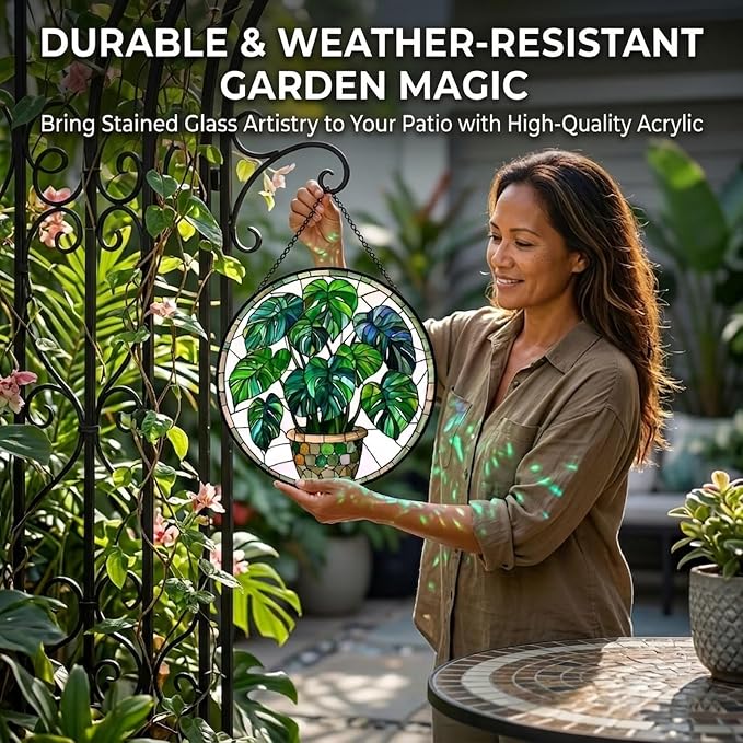 Birthday Gifts for Women - Green Monstera Plant Faux Stained Glass Window Hanging Sun Catcher for Door Garden Acrylic Decor Mother's Day Christmas for Mom Nana Grandma Sisters Wife 7.8"