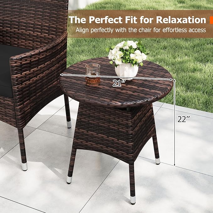 Tangkula 3 Piece Patio Furniture Set, Hand-Woven PE Wicker Conversation Set with Contoured Armchairs, Cushions & Round Coffee Table, Outside Bistro Set for Porch, Backyard, Balcony & Poolside (Black)