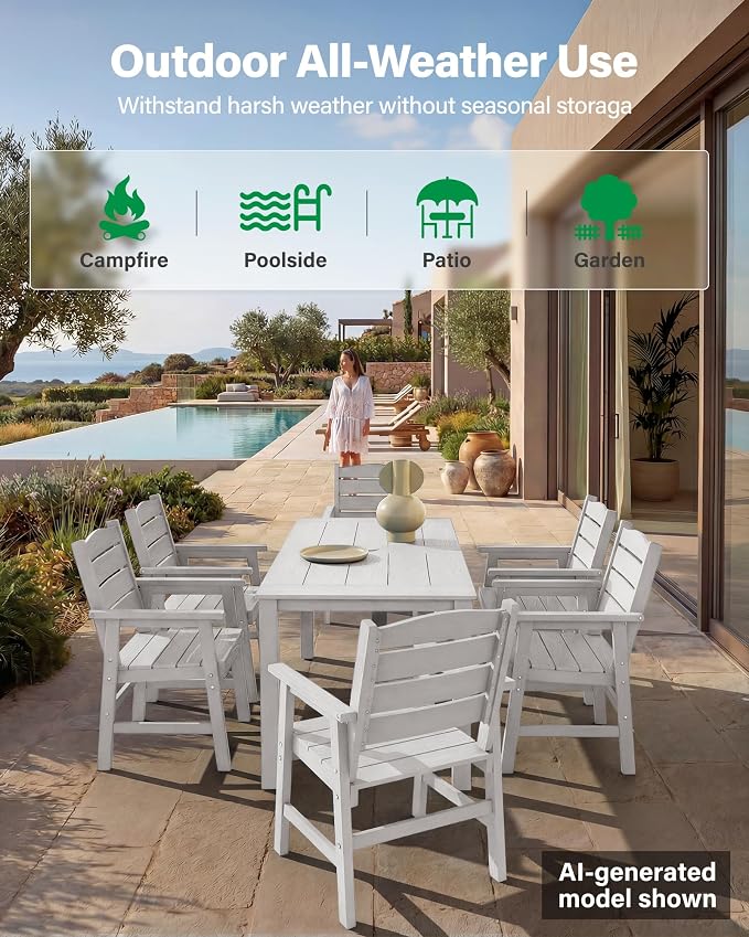 YEFU Outdoor Patio Table HIPS: 67" Rectangle Outdoor Dining Table with Umbrella Hole & Metal Aluminum Frame - All-Weather Patio Dining Table for 6 Modern Outside Furniture for Deck Garden White