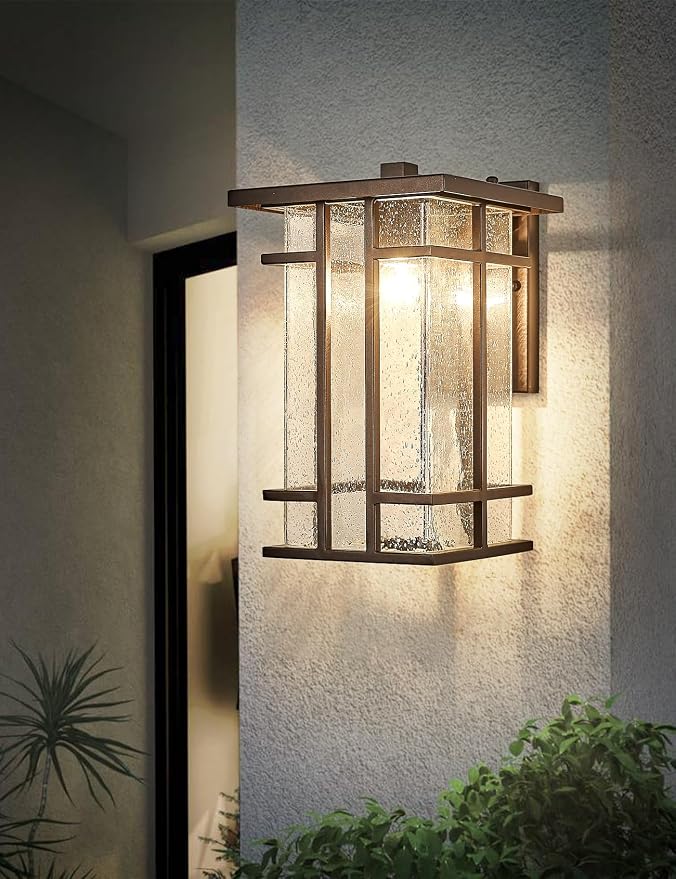 Rustic Dusk to Dawn Outdoor Wall Light Fixture 13.8"H Oil Rubbed Bronze Exterior Wall Sconces with Seeded Glass Sensor Outdoor Wall Lantern for House Patio Porch Entryway Garage Wall Lamps Waterproof