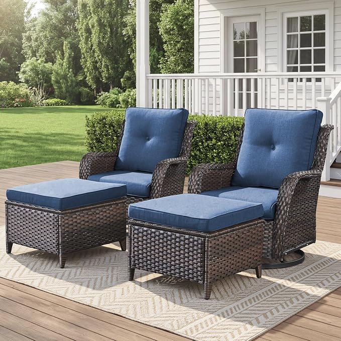 Belord Outdoor Swivel Chairs Set of 2,Patio Wicker Rocker Chairs with Ottomans, All Weather Patio Conversation Furniture Set, Ideal for Porch Balcony Deck Yard, Brown Wicker/Blue