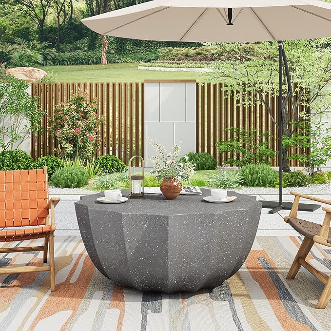 35.43" Faux Stone Coffee Table Round for Indoor or Outdoor Concrete Coffee Tables MgO Cement Center Tables for Living Room Patio Garden Backyard Balcony, Waterproof, Dark Grey Bowl
