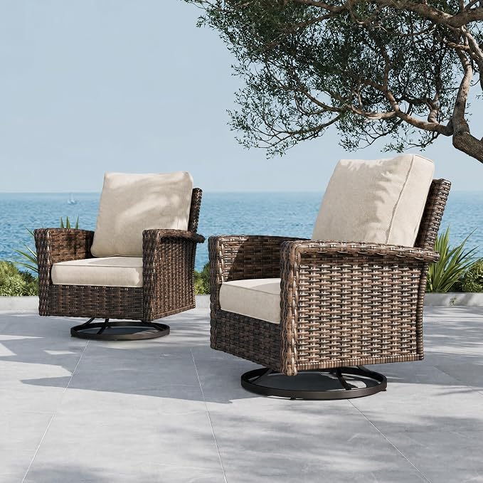 SUNSHINE VALLEY Patio Wicker Swivel Chairs Set of 2, Outdoor High Back Chairs with 5.5" Waterproof Cushions, Outdoor Furniture Set for Deck Porch and Yard, Beige