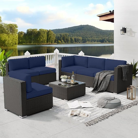SOLAURA 7 Pieces Outdoor Patio Furniture Set, Black Brown Rattan Outdoor Patio Sectional Conversation Set, Modular Sofa Set with Coffee Table, Navy Blue