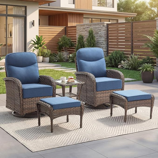 Outdoor Swivel Rocking Chair Patio Set (5-Piece), High-Back - Thick Cushion Swivel Rocking Chair Patio Set, All-Weather Wicker Patio Furniture Set, Suitable for Balcony Patios, Brown/Blue