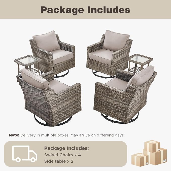 Belord Patio Wicker Swivel Rocker Patio Chairs with Side Table, Outdoor Rattan Chairs for Deck Porch Garden, 6 Piece Luxury Patio Furniture Set, Beige