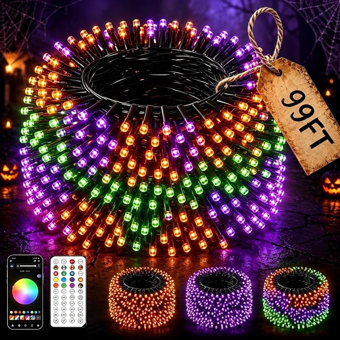 Smart 99ft 200 LED Christmas Halloween Fairy String Lights | App & remote DIY color changing orange, purple & RGB twinkle glow; ideal for indoor or outdoor whole house holiday decor.