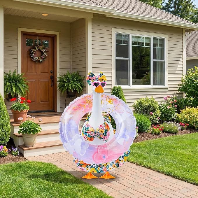 Bikini Porch Goose Outfits Fits 23" Goose Statue Summer Porch Goose Outfit with Sunglasses and Swim Ring Hawaiian Porch Goose Clothes Costume for Outdoor Garden Lawn Yard Decor(Colorful Flower)