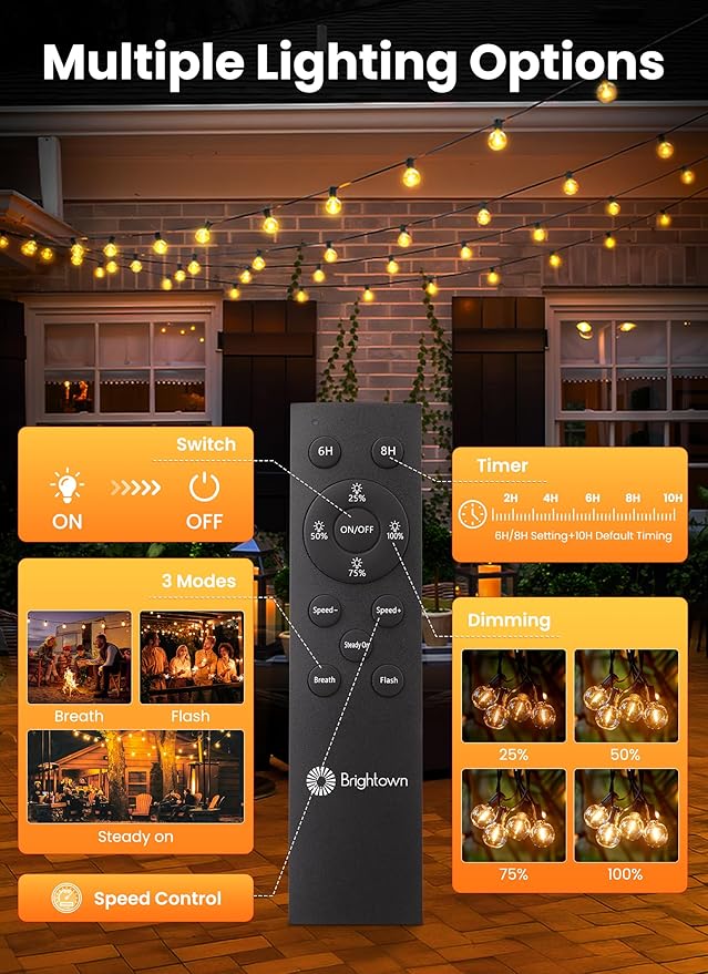 Brightown 208FT 102LED Solar String Lights Outdoor with Remote & USB Port | Shatterproof Bulbs, Dimmable & Timable, 3 Modes, Solar Patio Lights with a Mount Clip for Camping Backyard Garden Decor