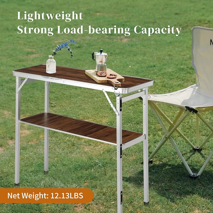 Portable Outdoor Bar Table - Folding Camping Table 2-Tier Shelves with Carrying Case, Storage Shelf & Black Skirt, Tradeshow Podium Table for Events, Camping, Party, Picnic, Exhibition - Brown